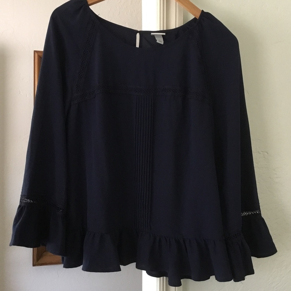 Navy Ruffle Hem Tunic Top - Elegant Long Sleeve